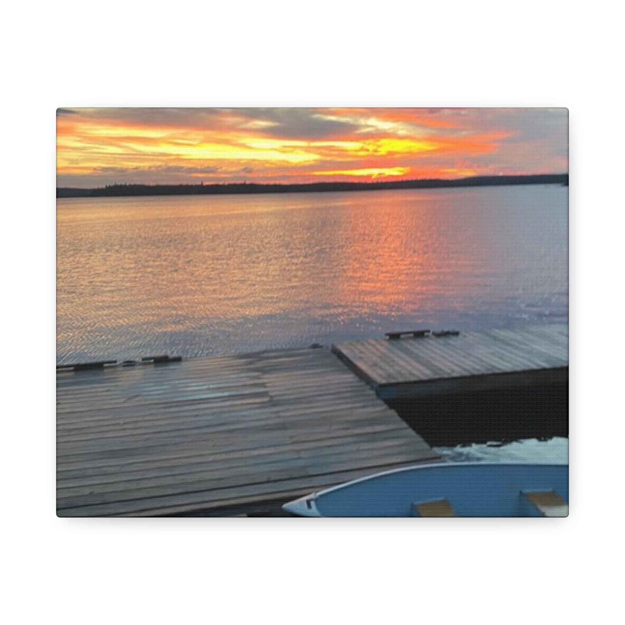 Sunset Lake Dock Stretched Canvas - Tranquil Waterfront Wall Art