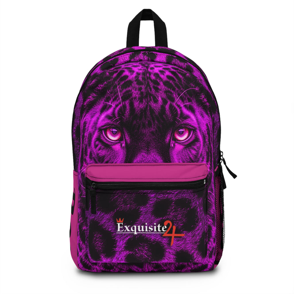 Purple Leopard Backpack with 'Exquisite 24' Logo — Bold Animal Print School & Travel Bag
