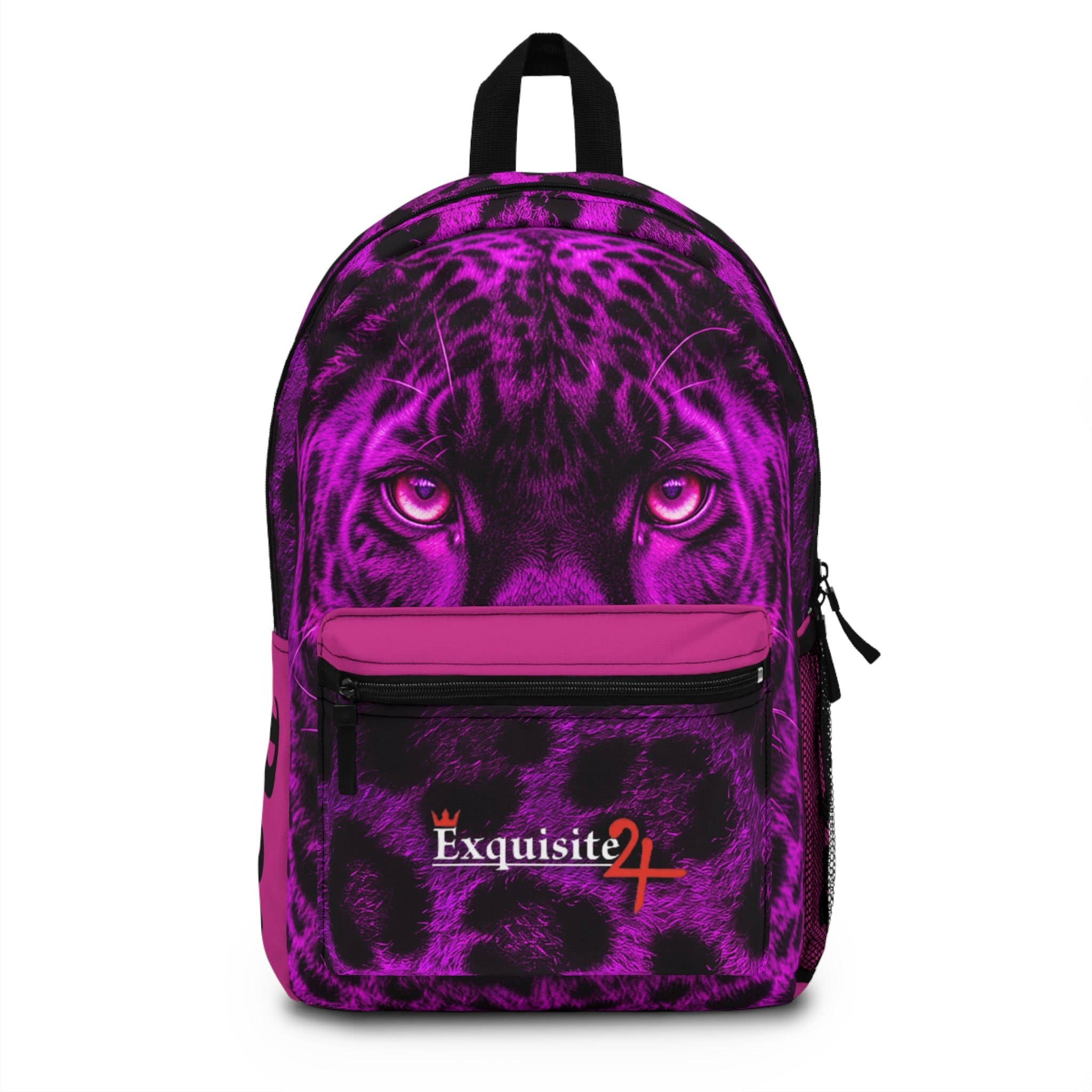 Purple Leopard Backpack with 'Exquisite 24' Logo — Bold Animal Print School & Travel Bag