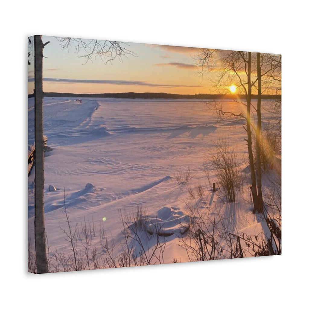 Sunset over Frozen Lake Stretched Canvas Wall Art