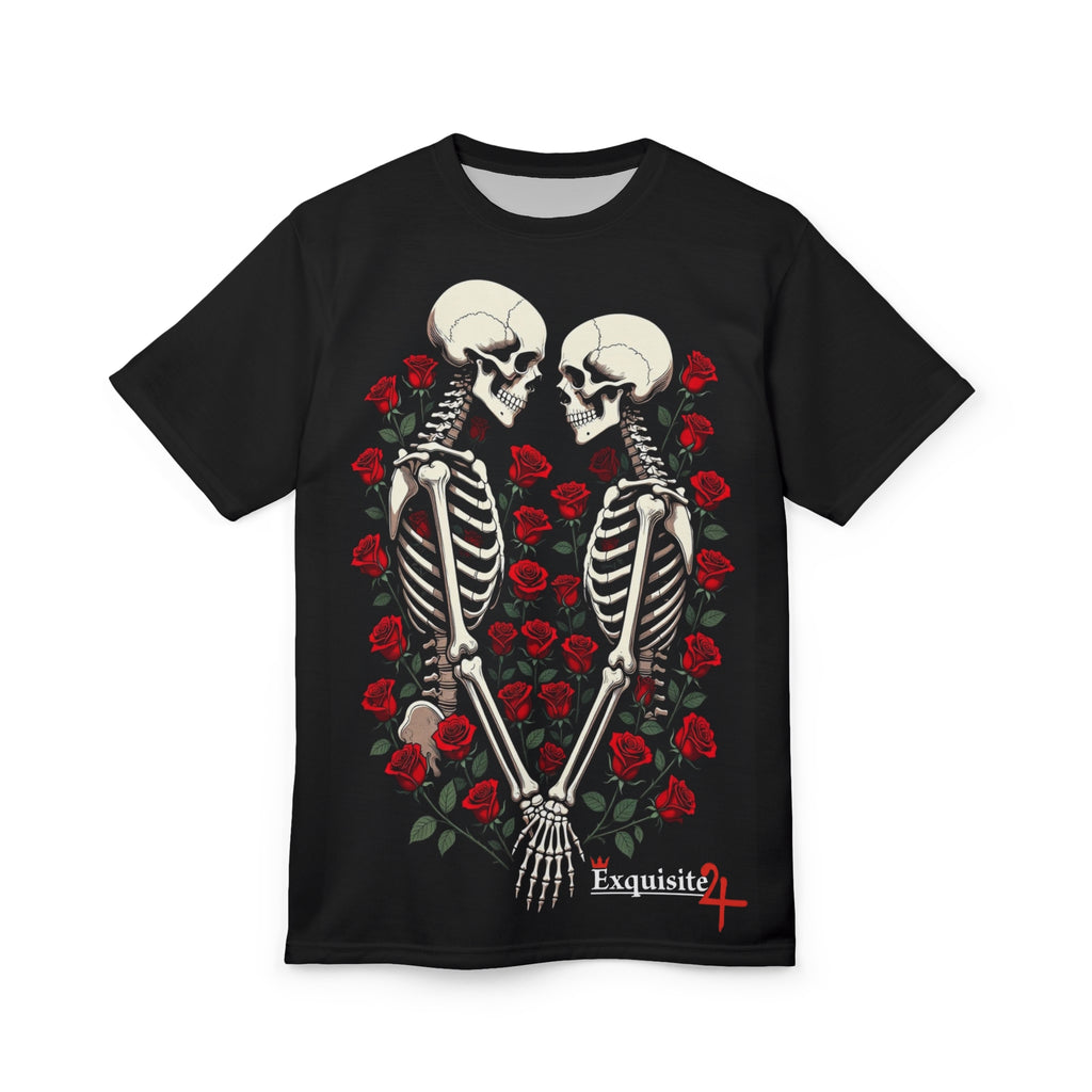 Skeleton Lovers Tee — Romantic Rose Skull Heart Graphic T-Shirt