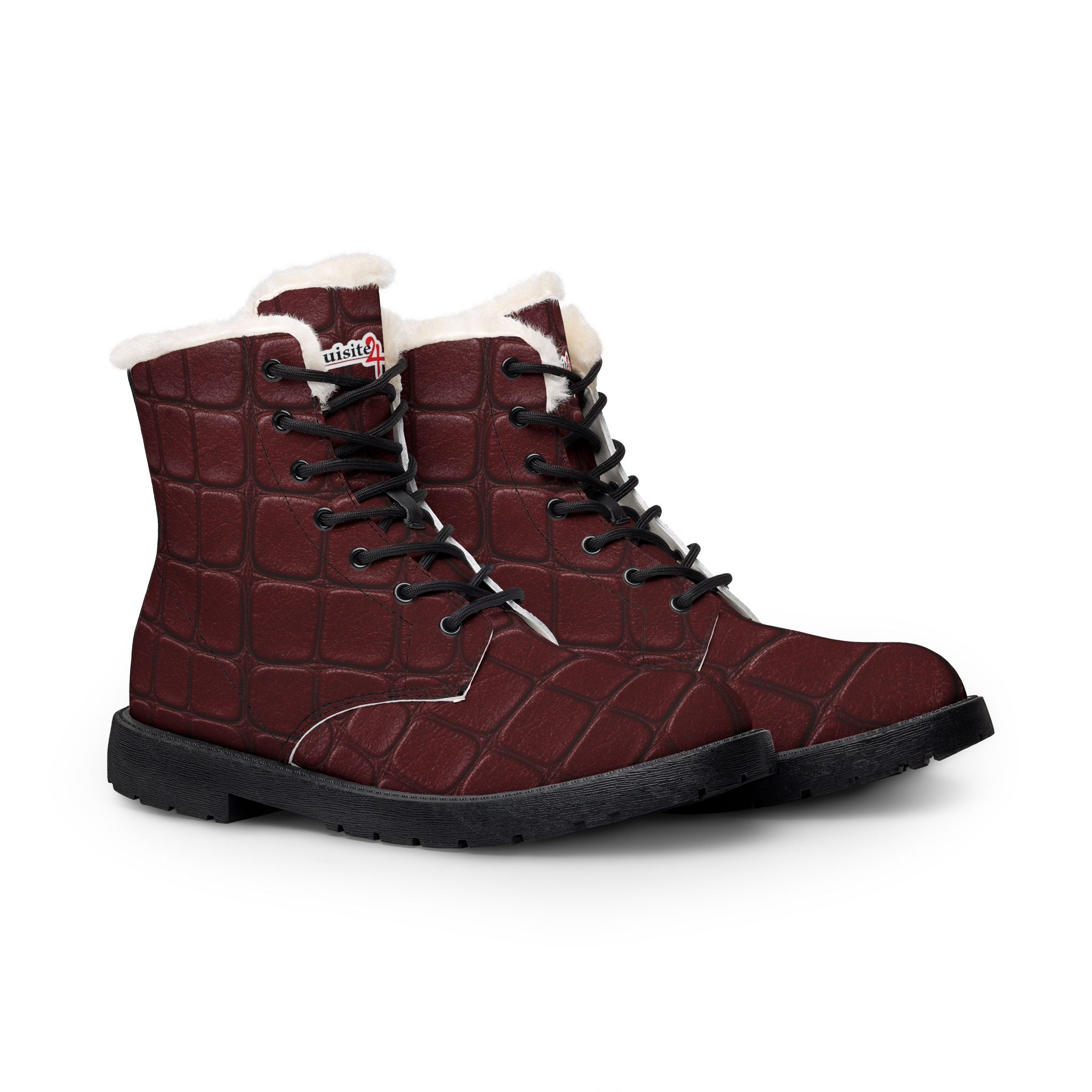 Women's Burgundy Crocodile Print Leather Fur-Lined Boots