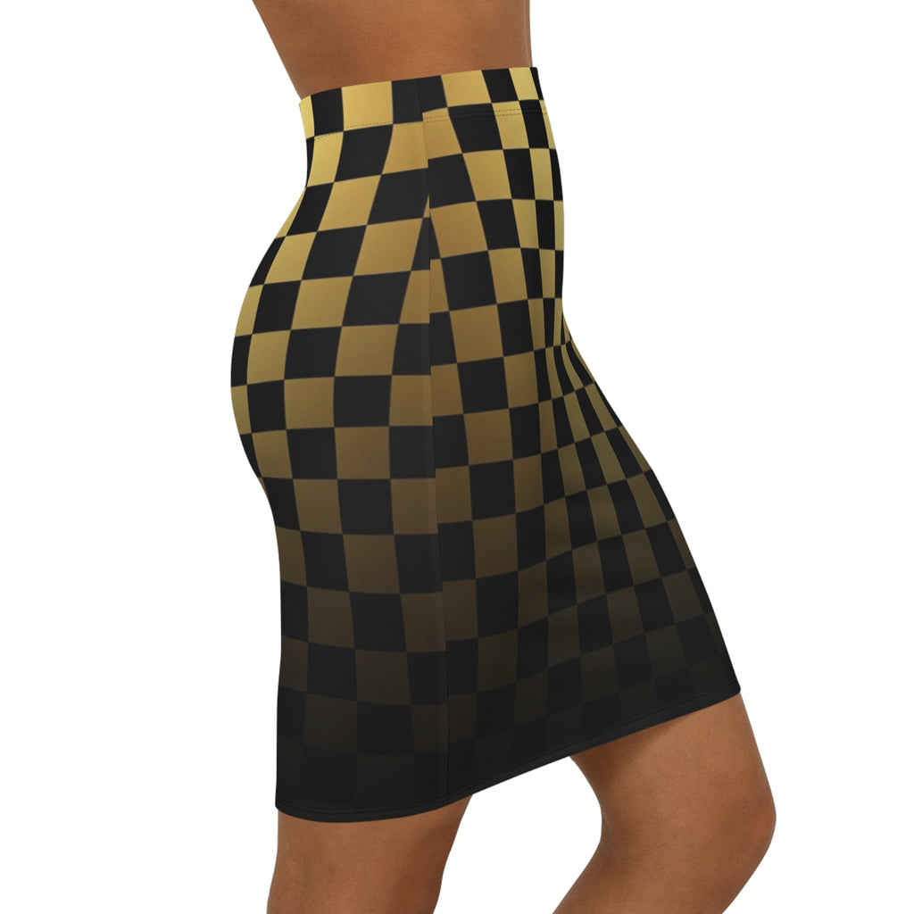 Gold & Black Checker Pencil Skirt — Sleek Retro Racing Pattern