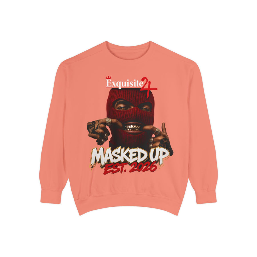 Masked Up Sweatshirt – Exquisite 24 Est. 2026 Graphic Crewneck