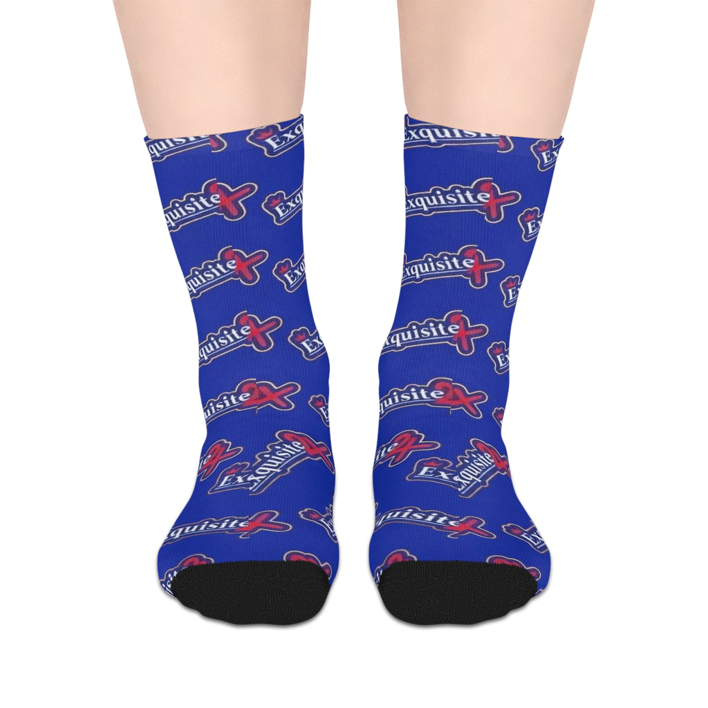Exquisite 24 Logo Mid-Length Socks — Blue Branded Crew Socks