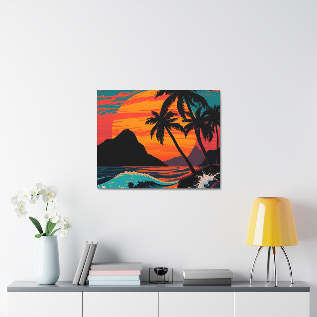 Tropical Sunset Canvas Wall Art — Palm Trees and Ocean Waves Stretched Canvas