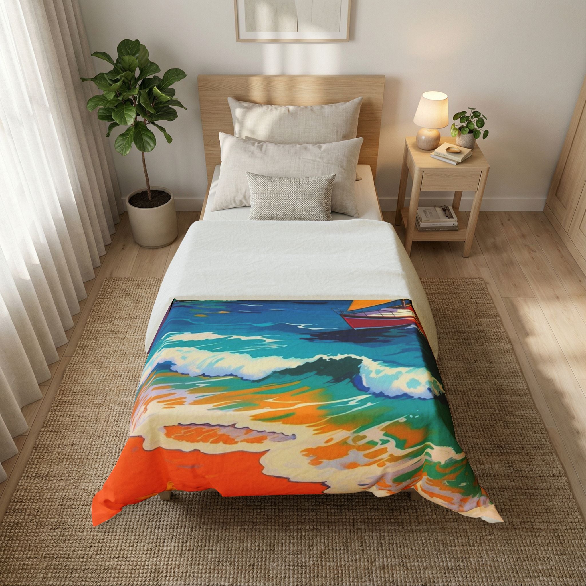 Sailboat Seascape Cotton Duvet Cover — Colorful Ocean Waves Beach Bedding