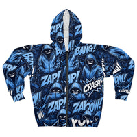 Blue Hoodie Graphic Comic-Style Zip Hoodie