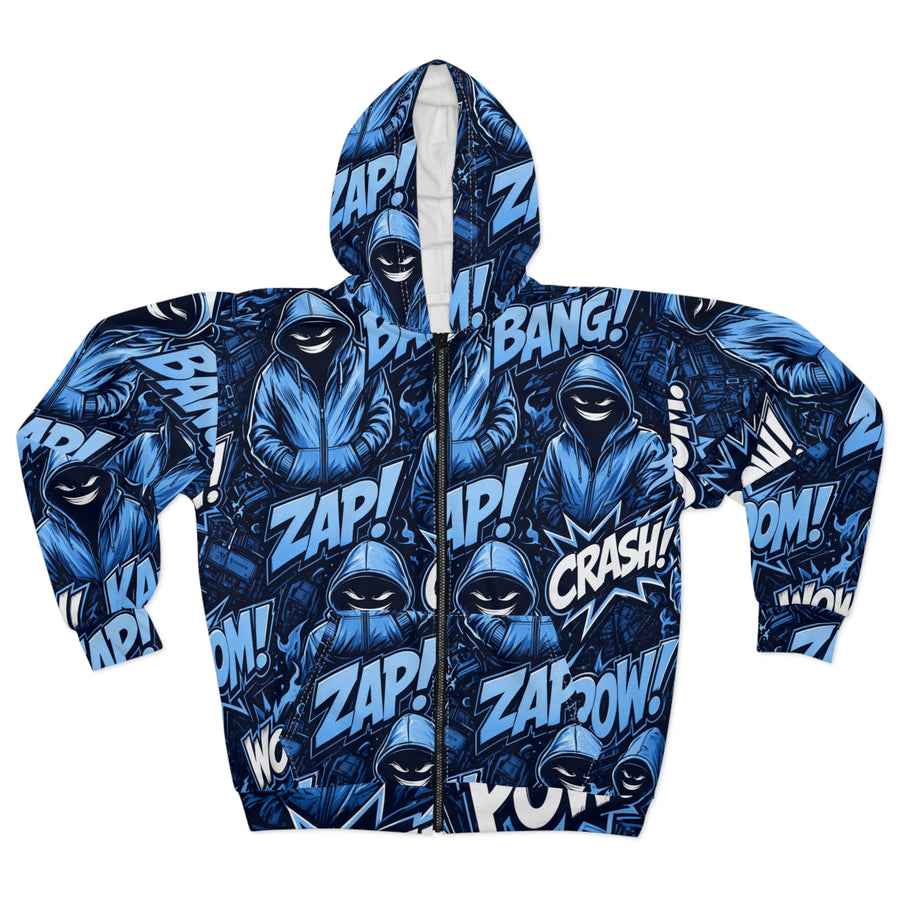 Blue Hoodie Graphic Comic-Style Zip Hoodie