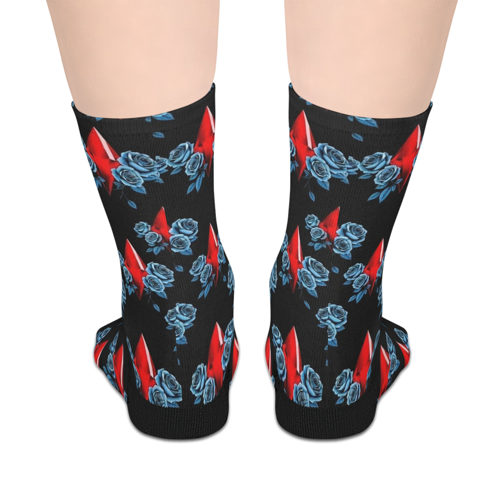 Mid-Length Socks — Red Diamond & Blue Roses Patterned Crew Socks