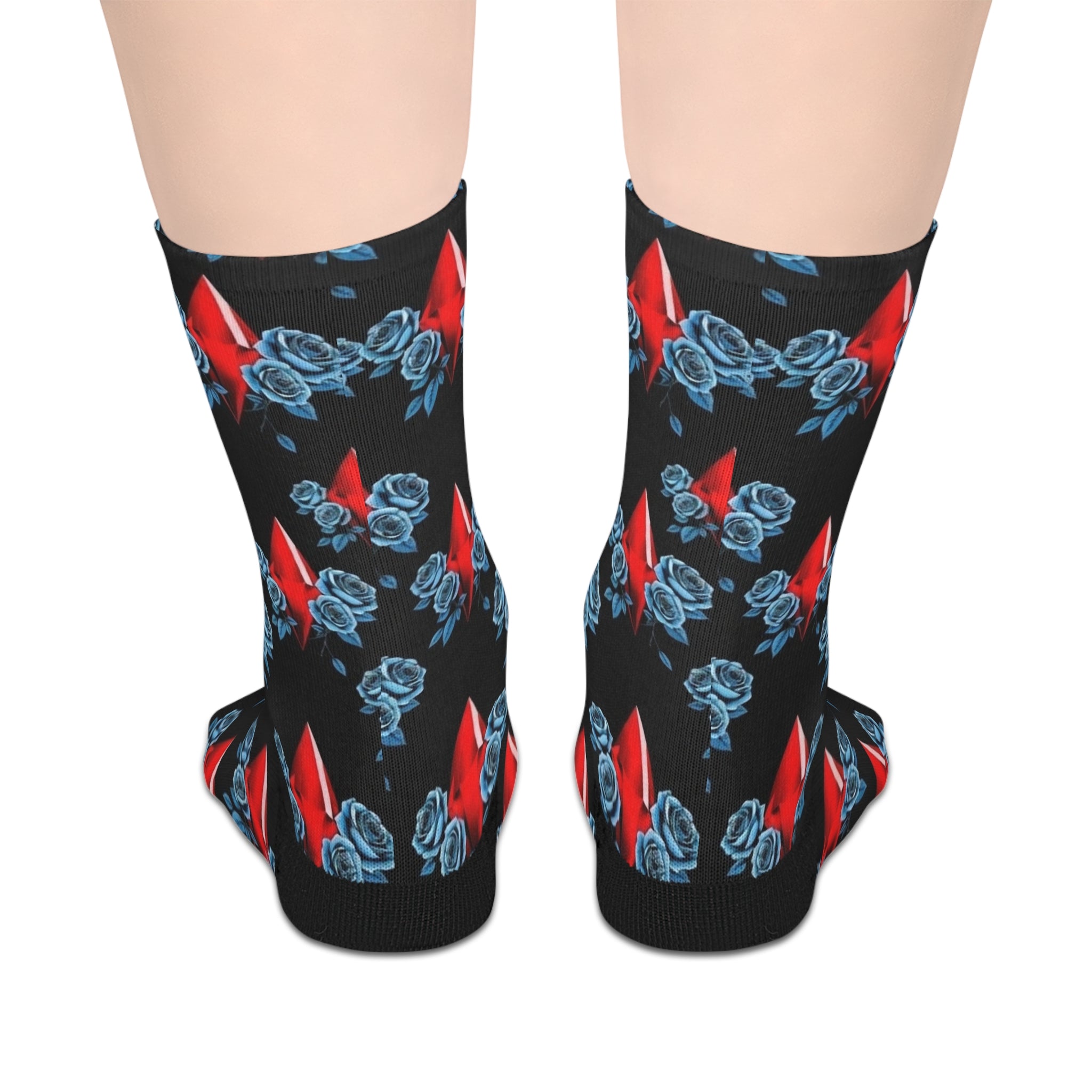 Mid-Length Socks — Red Diamond & Blue Roses Patterned Crew Socks