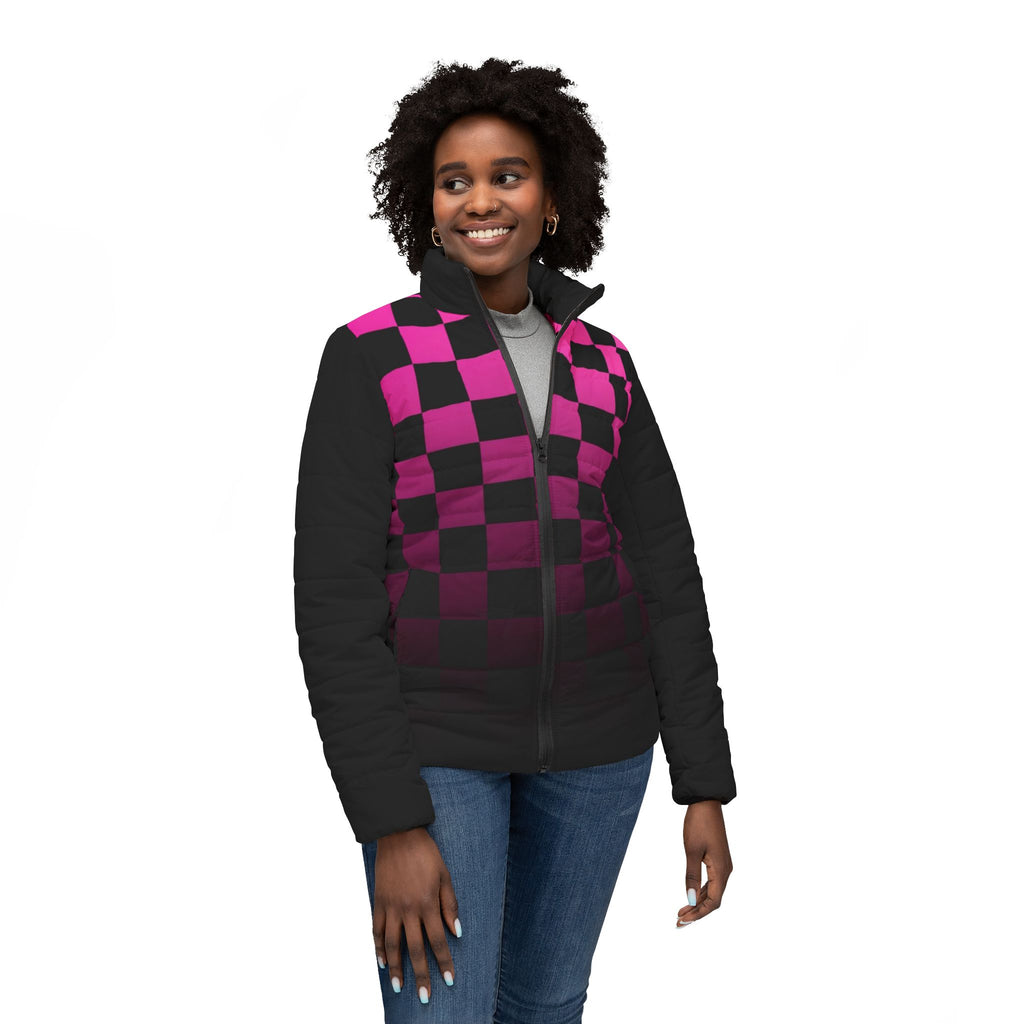 Pink Gradient Checkerboard Puffer Jacket