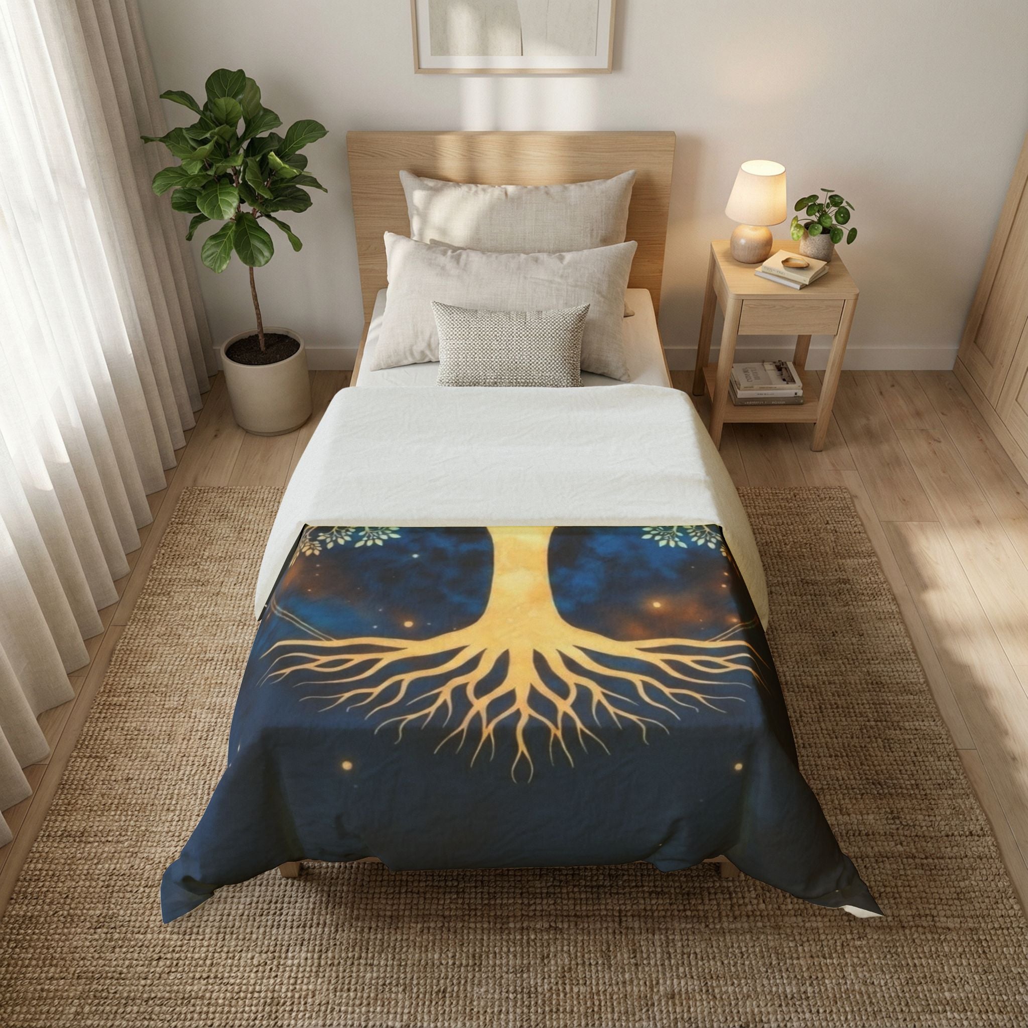 Golden Tree of Life Cotton Duvet Cover — Spiritual Boho Bedding for Meditation & Yoga Retreats