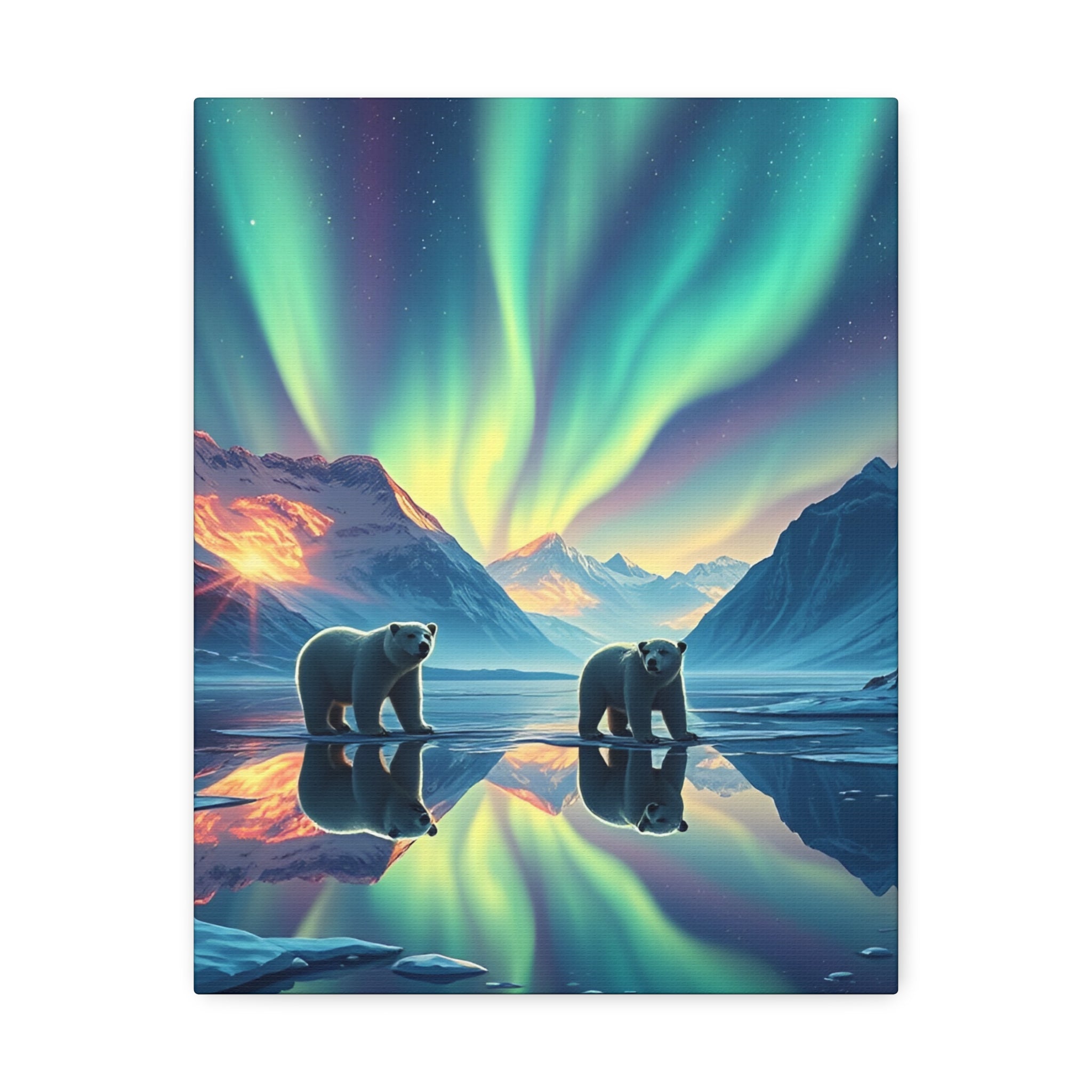 Aurora Polar Bears Stretched Canvas - Northern Lights Wildlife Wall Art