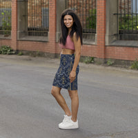 Navy Gold Baroque Pencil Skirt — Regal Crown Damask Print