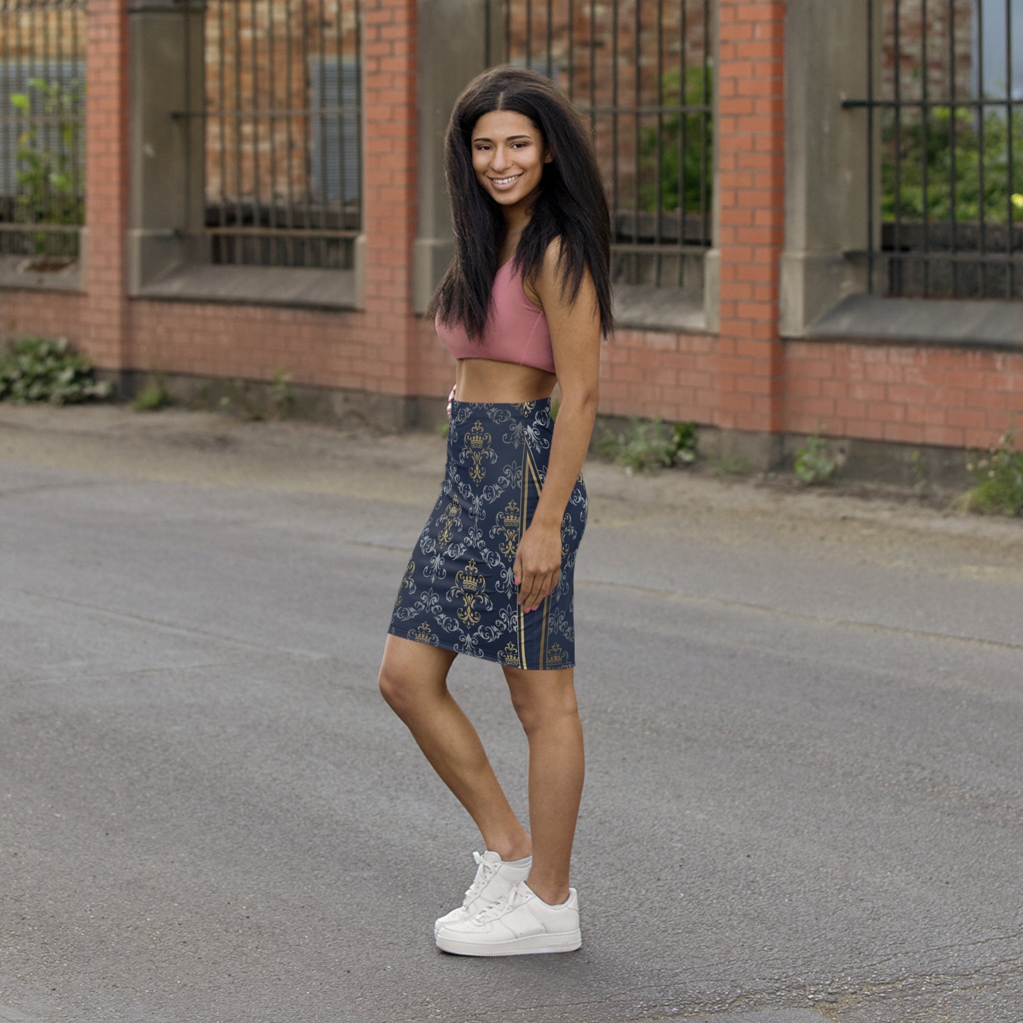 Navy Gold Baroque Pencil Skirt — Regal Crown Damask Print