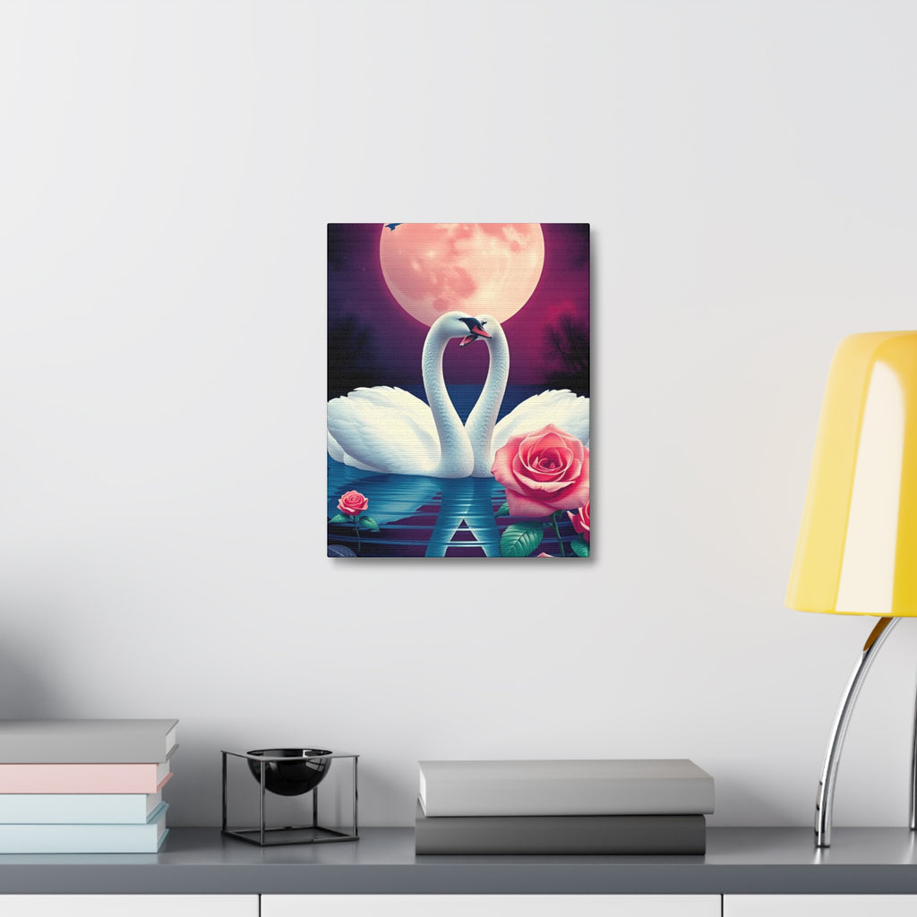 Swan Moon Stretched Canvas – Romantic Rose Lake Wall Art