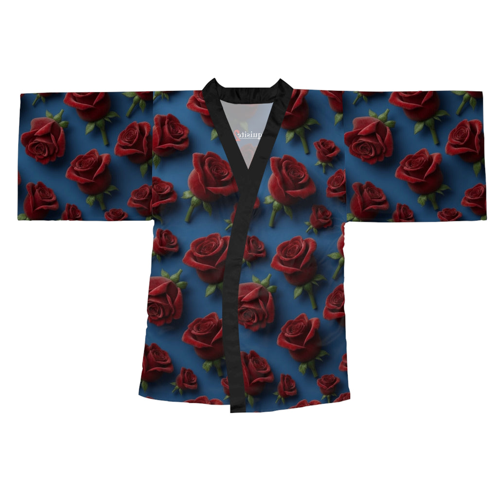 Rose Pattern Kimono Robe — Red Roses on Blue All-Over Print