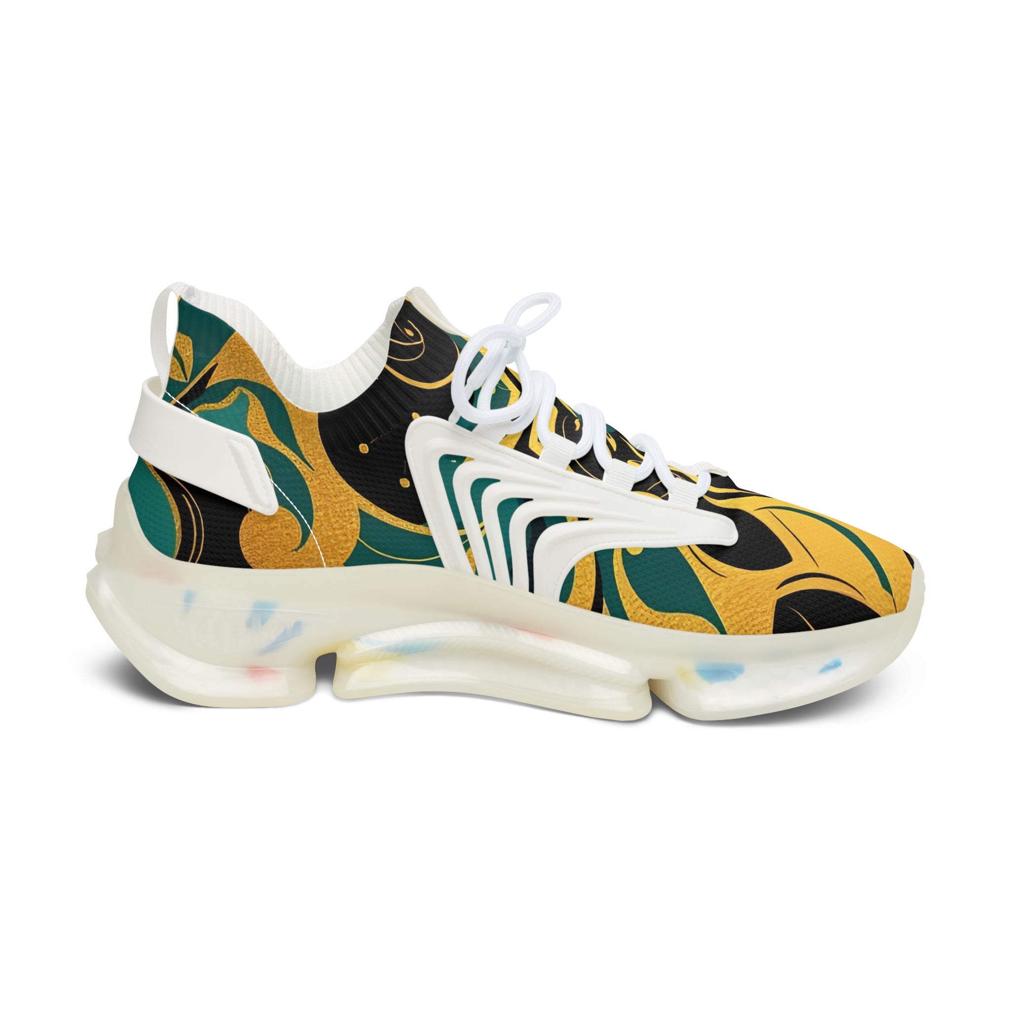 Women's Mesh Sneakers — Bold Abstract Green & Gold Athletic Shoes