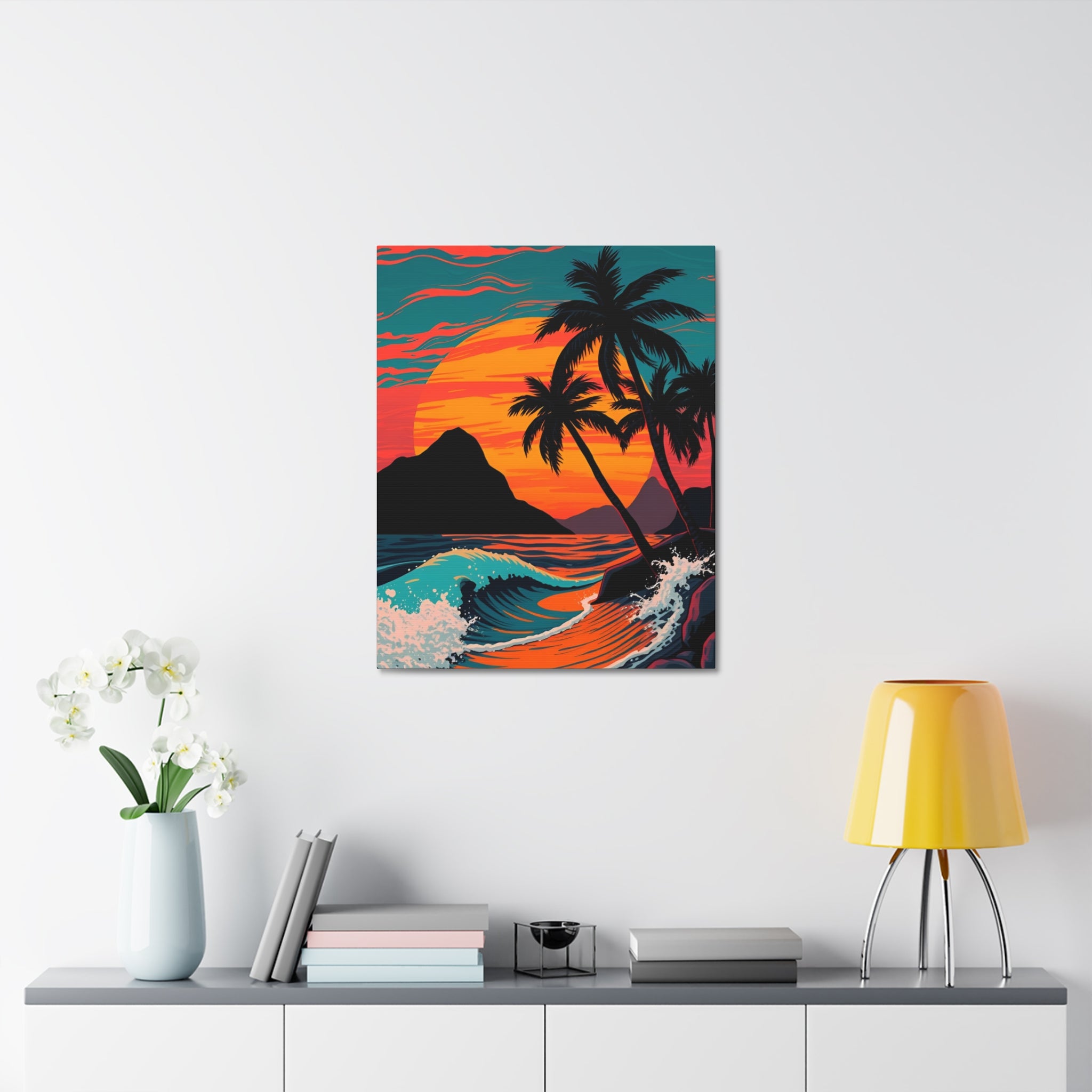 Tropical Sunset Canvas Wall Art — Palm Trees and Ocean Waves Stretched Canvas
