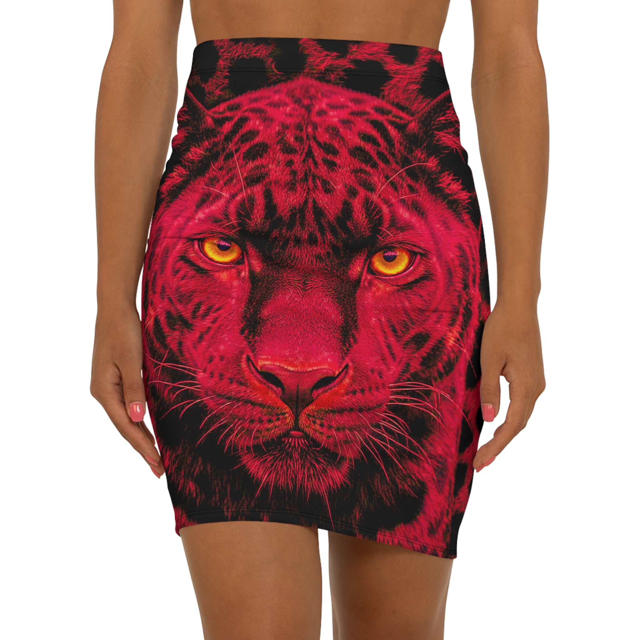 Red Leopard Print Pencil Skirt — Bold Leopard Face All-Over Print