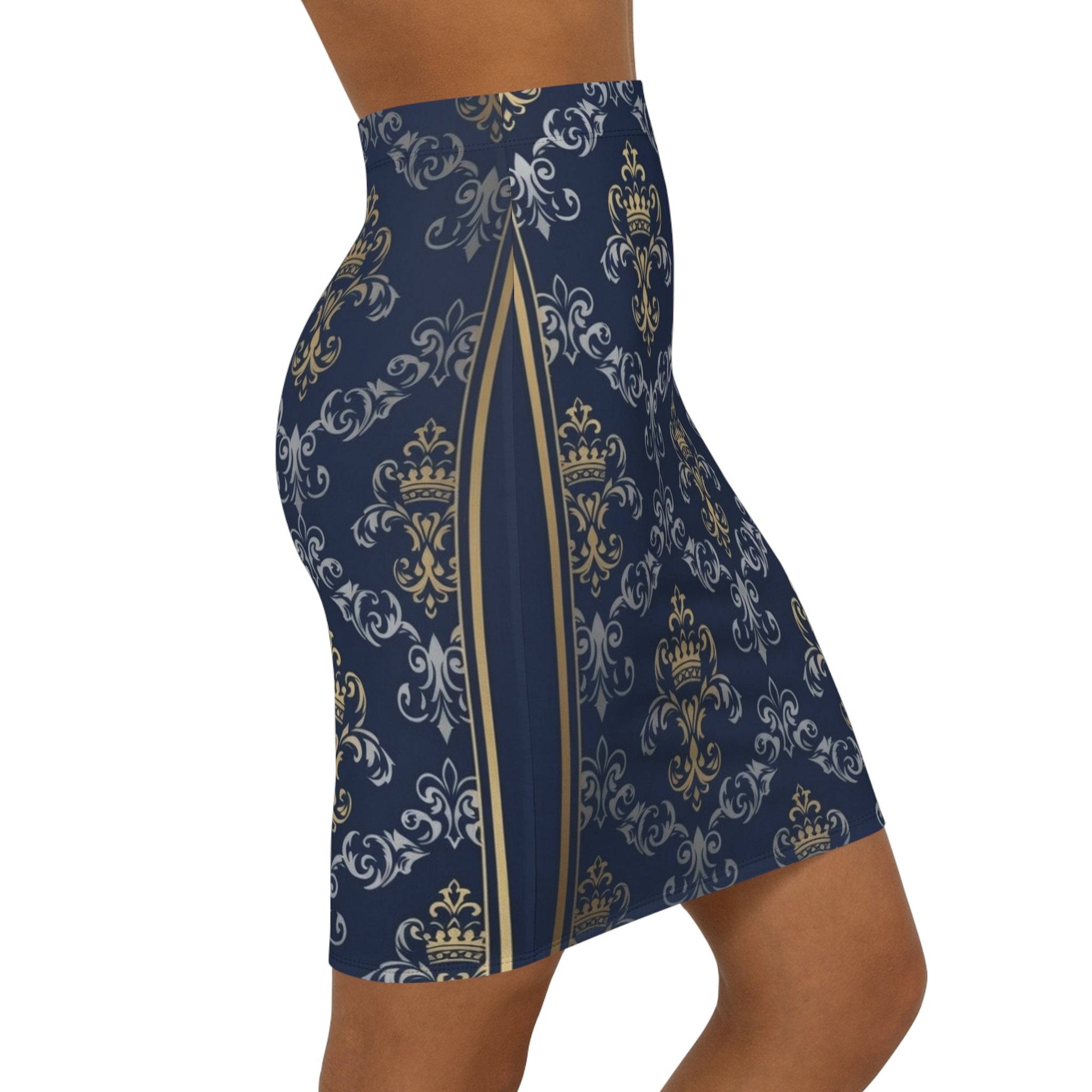 Navy Gold Baroque Pencil Skirt — Regal Crown Damask Print