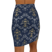 Navy Gold Baroque Pencil Skirt — Regal Crown Damask Print