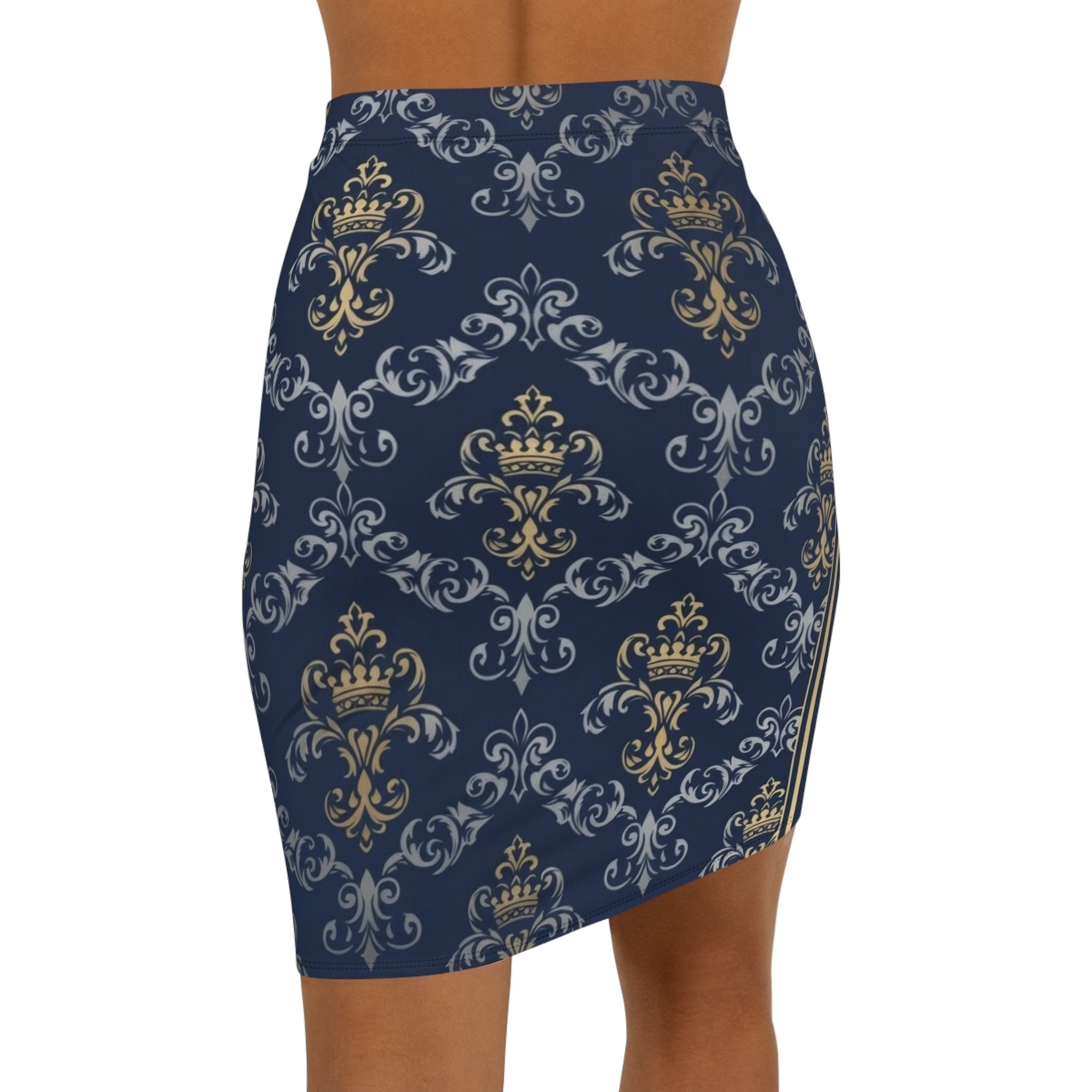 Navy Gold Baroque Pencil Skirt — Regal Crown Damask Print