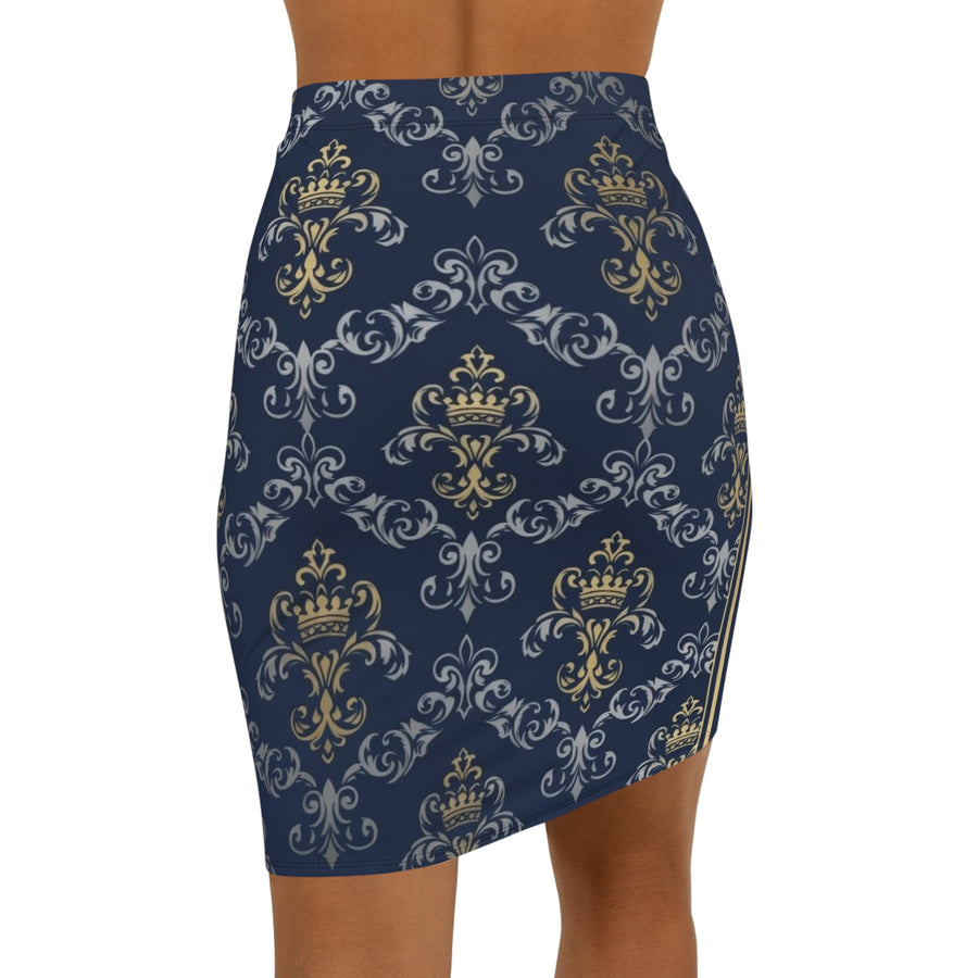 Navy Gold Baroque Pencil Skirt — Regal Crown Damask Print