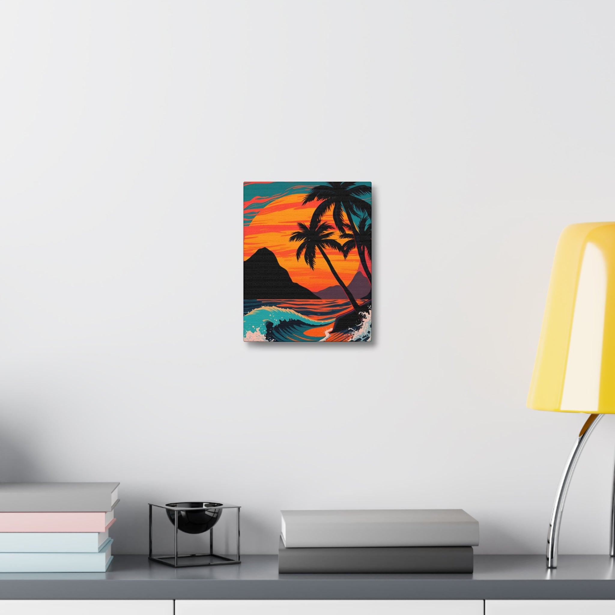 Tropical Sunset Canvas Wall Art — Palm Trees and Ocean Waves Stretched Canvas