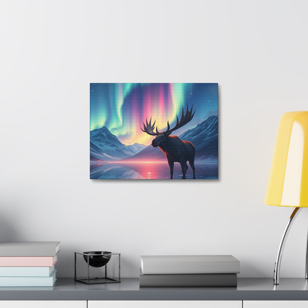 Aurora Moose Stretched Canvas – Northern Lights Landscape Wall Art