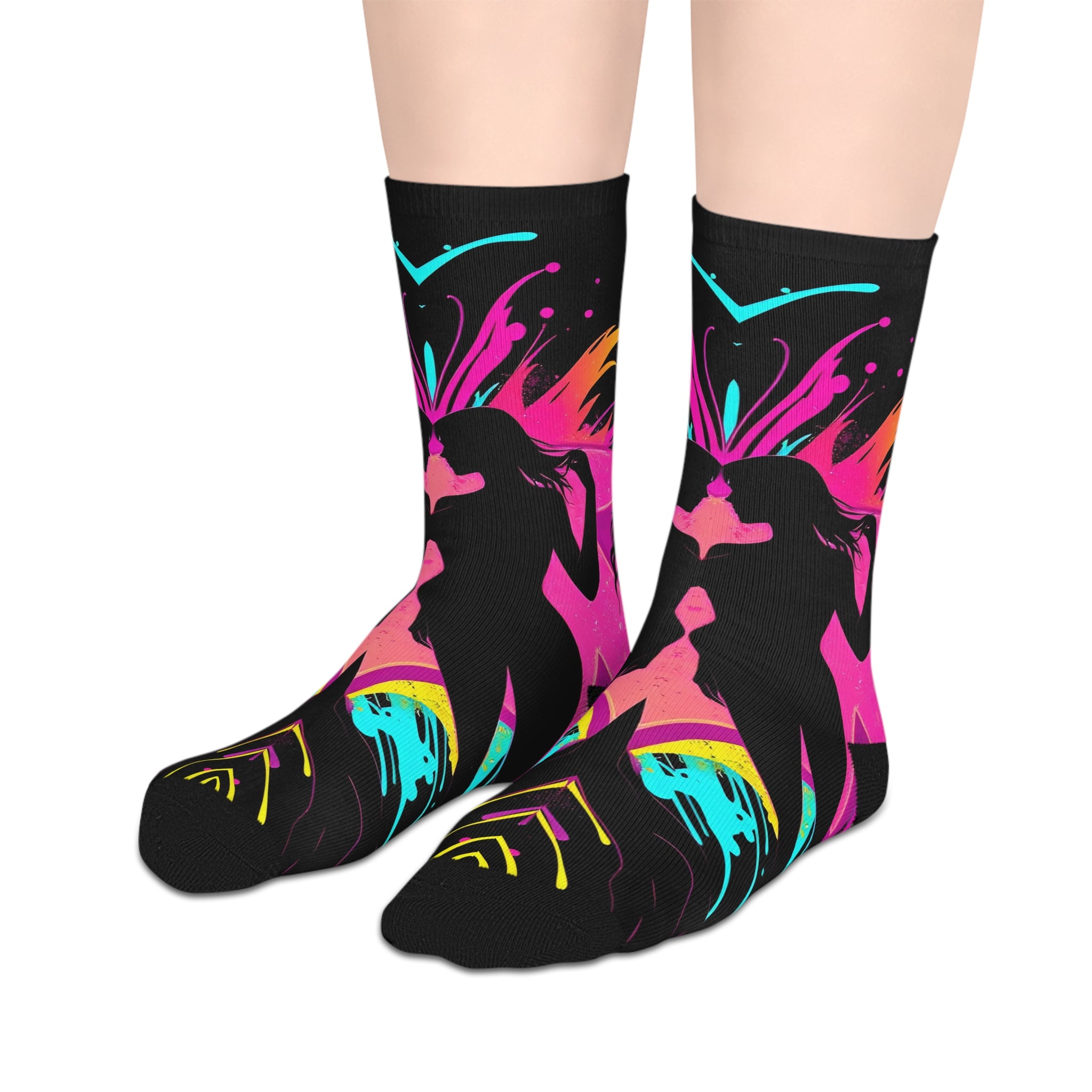 Neon Butterfly Silhouette Mid-Calf Socks — Vibrant Pink & Teal Psychedelic Pattern