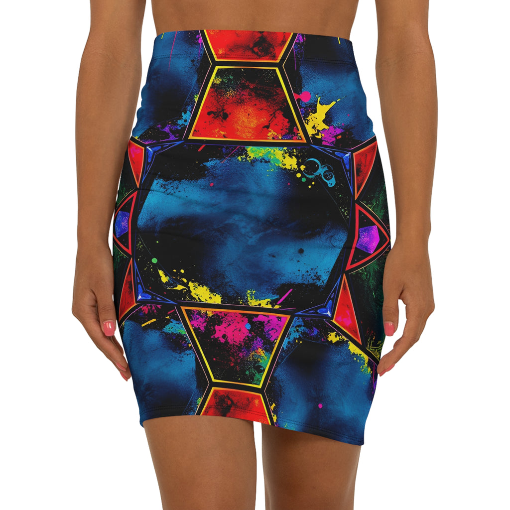 Nebula Geometric Pencil Skirt — Vibrant Galaxy Print Mid‑Waist Skirt