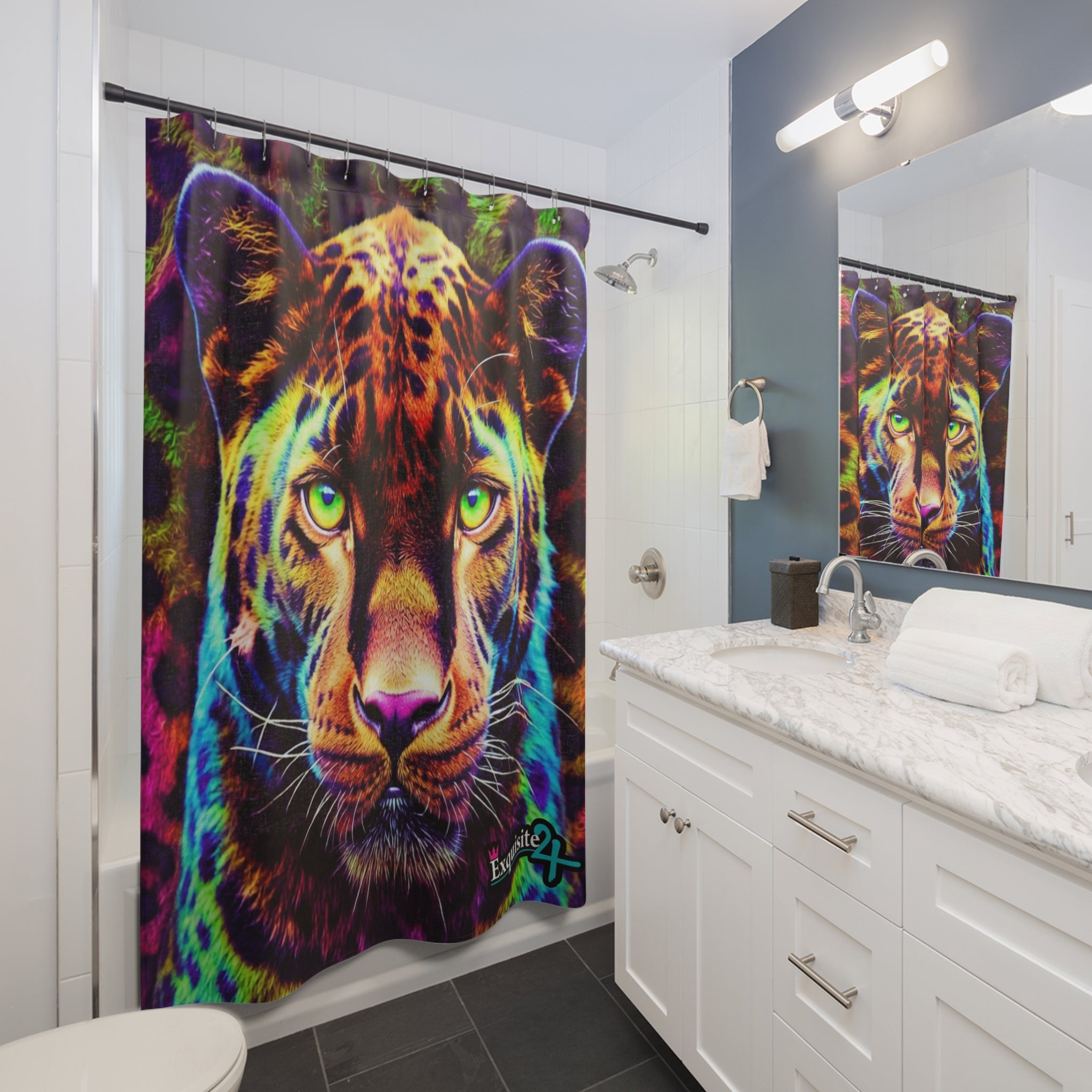 Leopard Gaze Shower Curtain — Vibrant Neon Jungle Tiger Bathroom Decor