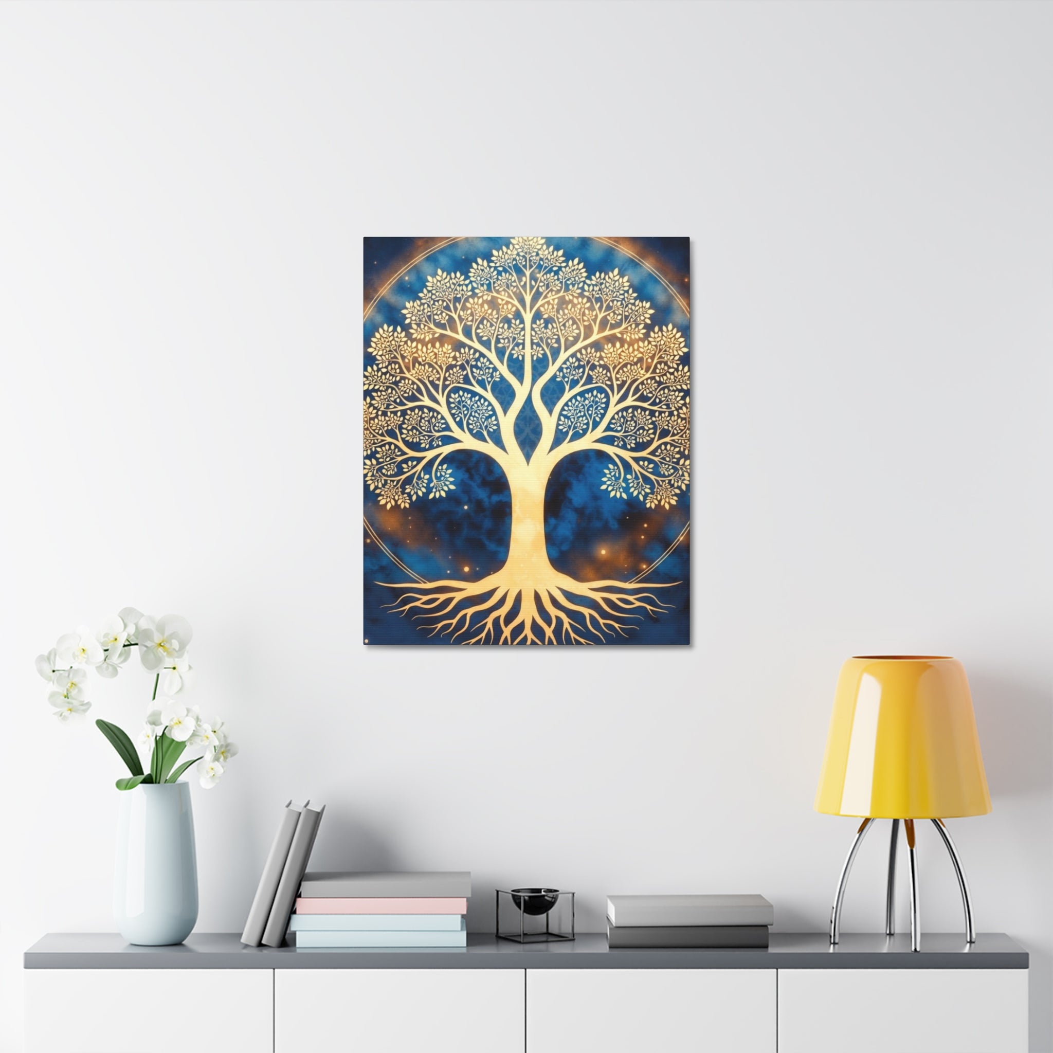 Golden Tree of Life Stretched Canvas - Blue Spiritual Wall Art