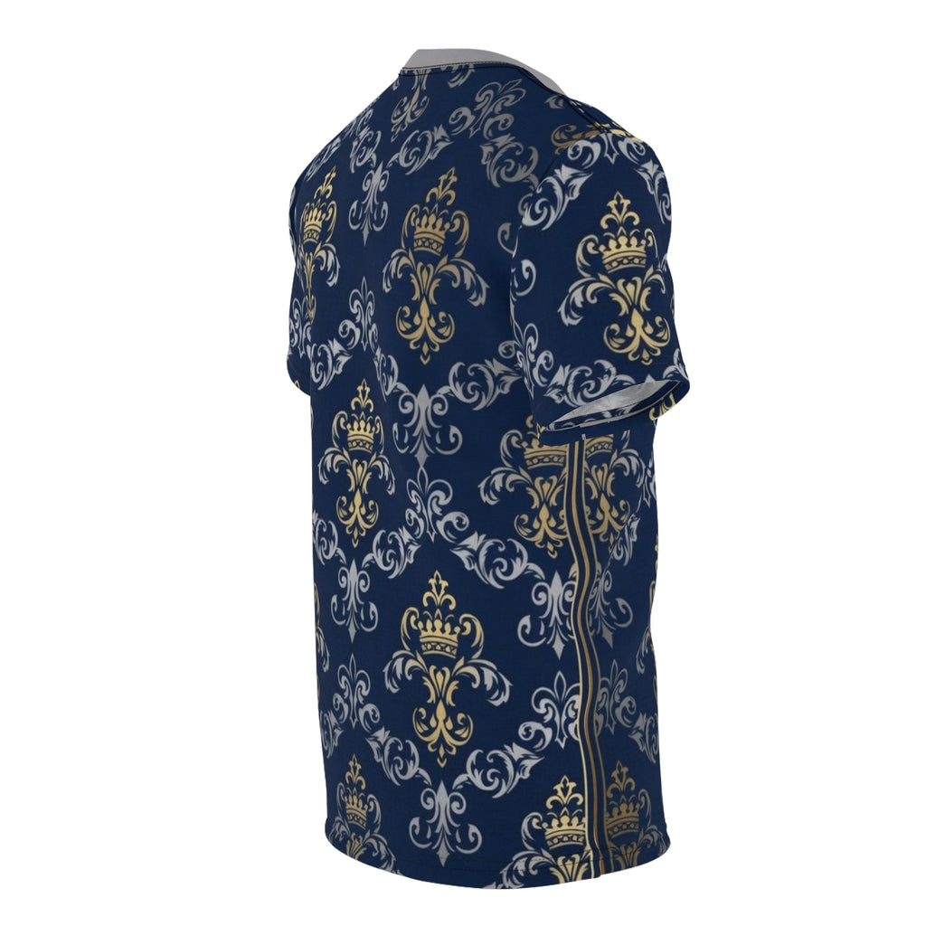 Royal Crest Pattern Tee — Navy Gold Damask All-Over Print T-Shirt