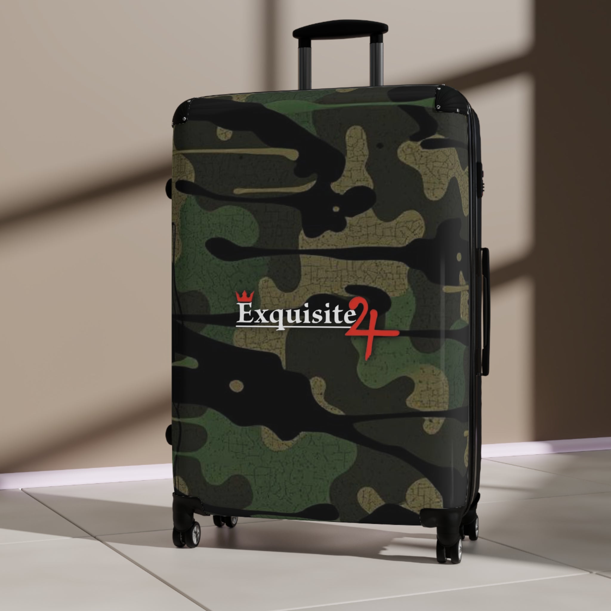 Camo Carry-On Suitcase with "Exquisite 24" Logo – Compact Spinner Luggage