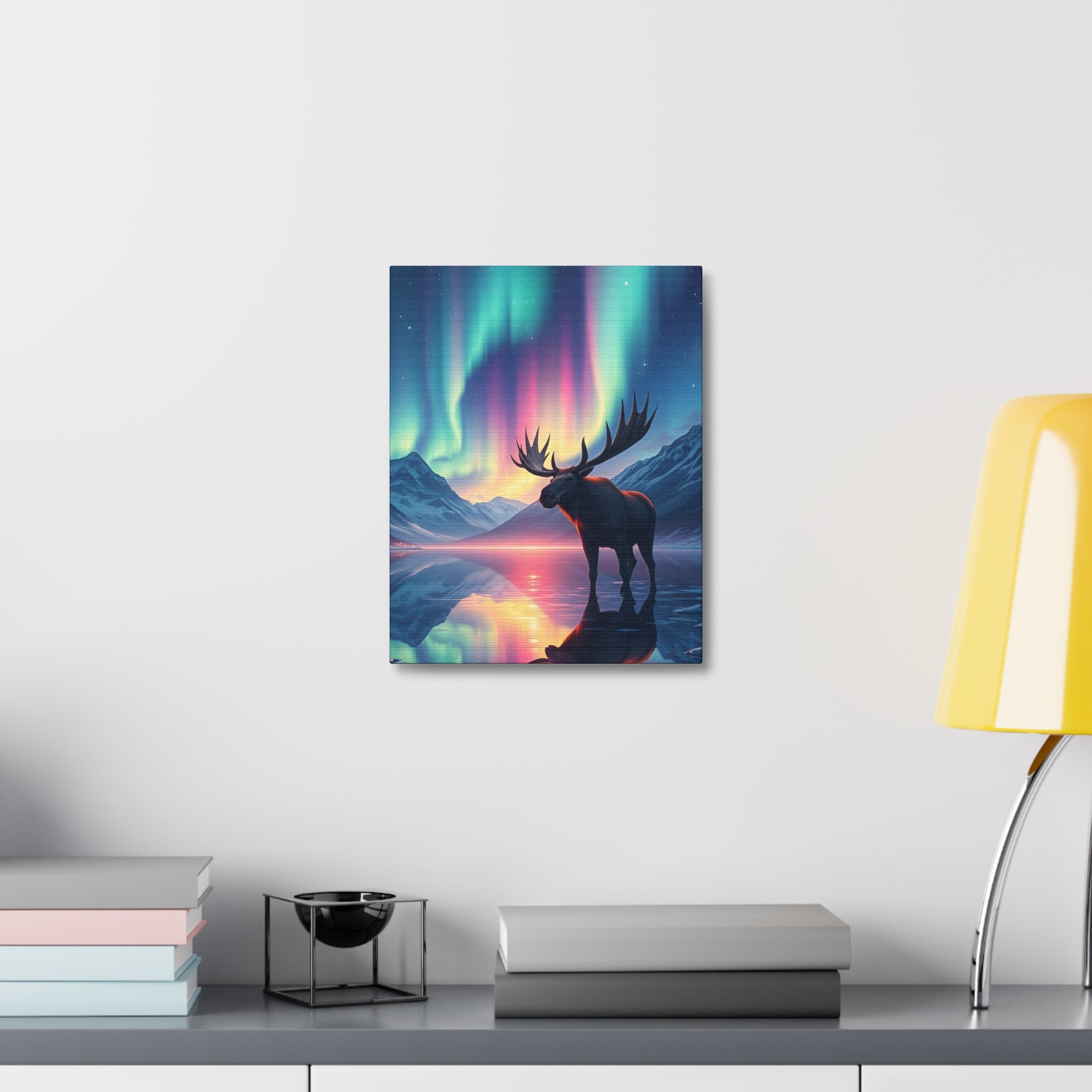 Aurora Moose Stretched Canvas – Northern Lights Landscape Wall Art