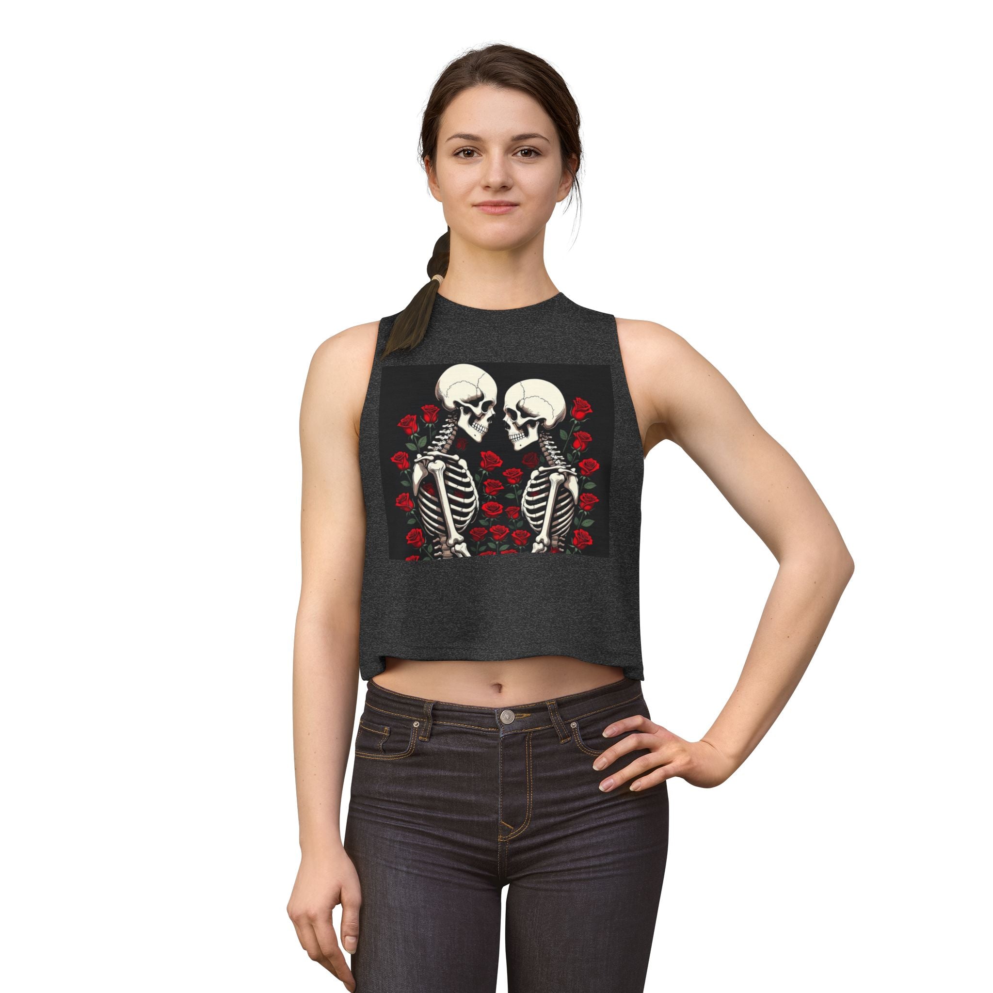 Skeleton Kiss Crop Top — Gothic Rose Couple Graphic Tank