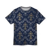 Royal Crest Pattern Tee — Navy Gold Damask All-Over Print T-Shirt