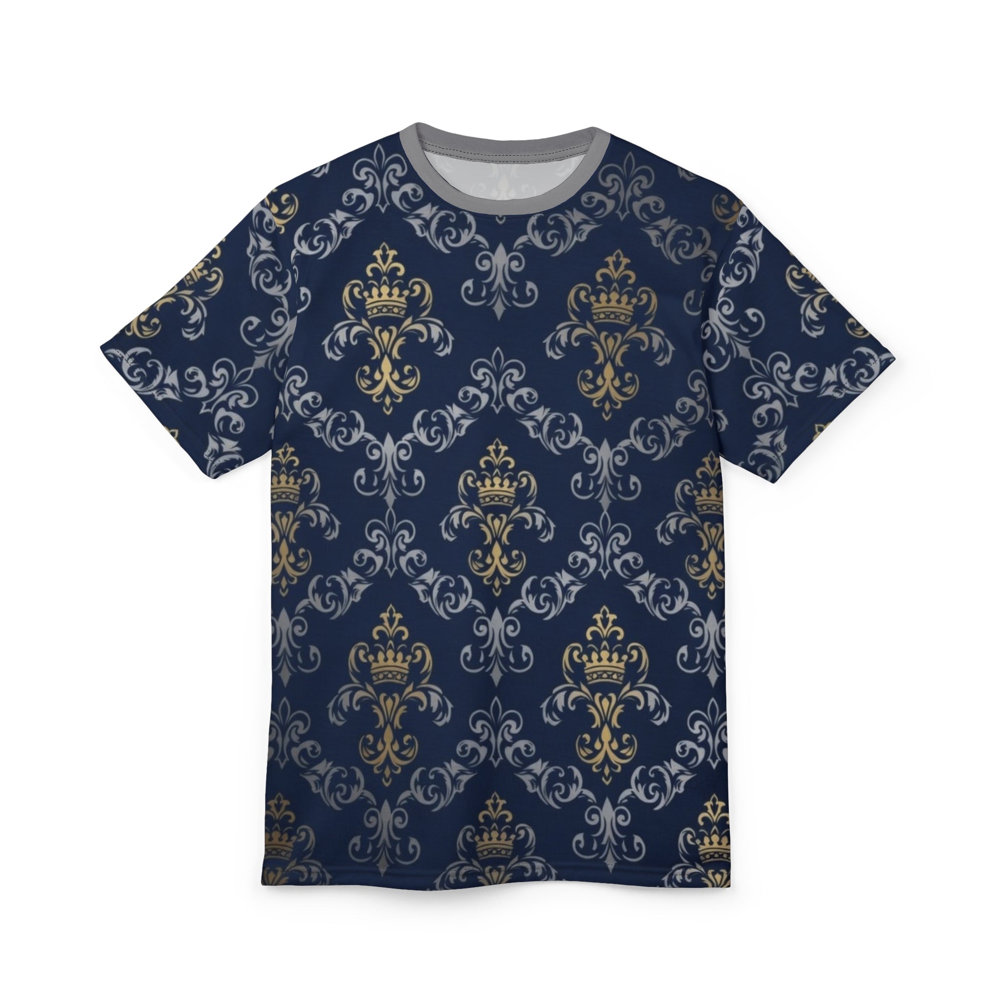 Royal Crest Pattern Tee — Navy Gold Damask All-Over Print T-Shirt