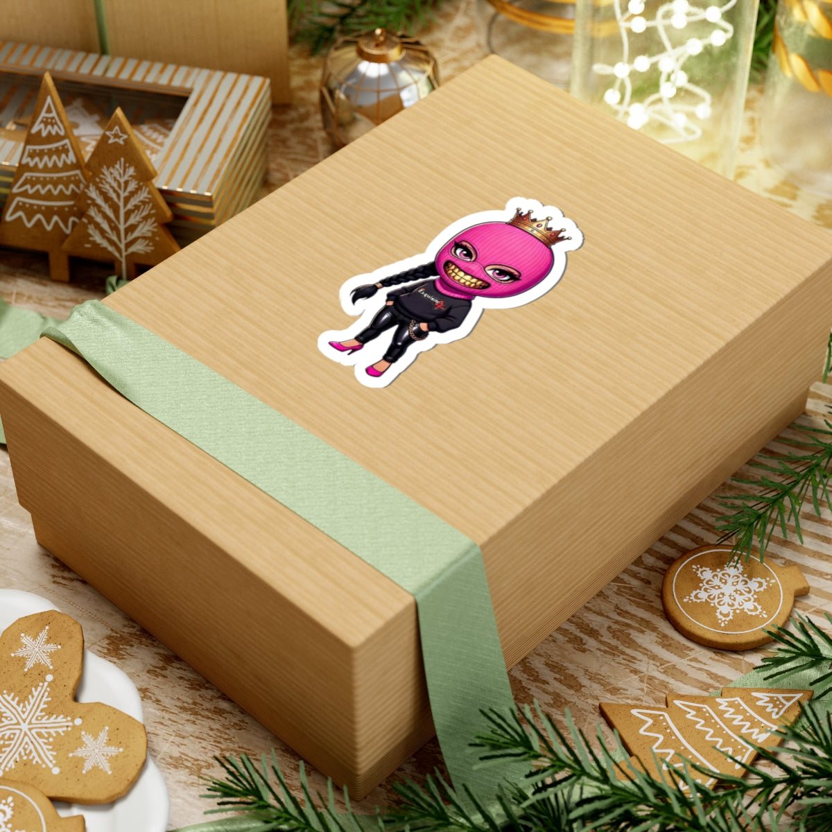Queen Mask Sticker — Pink Balaclava Girl Kiss-Cut Decal