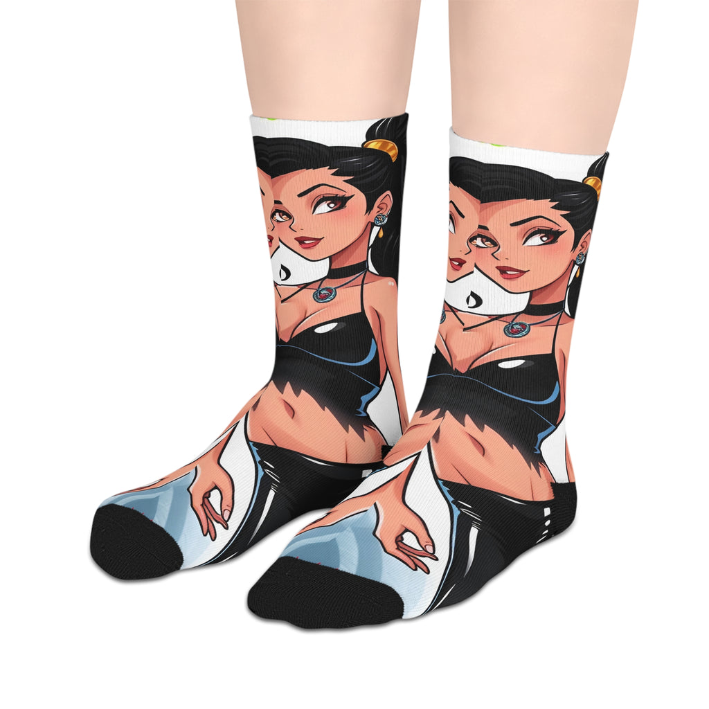 Mid-Length Socks — Vintage Pinup Twin Girls Graphic Crew Socks