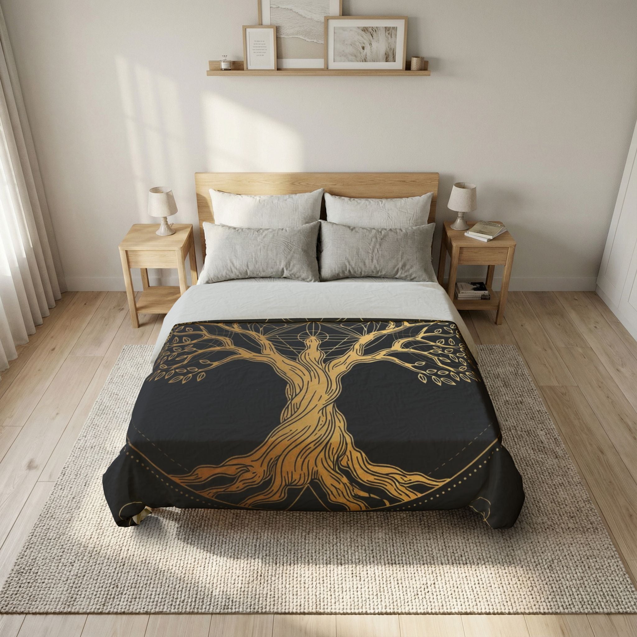 Golden Tree of Life Cotton Duvet Cover — Mystical Geometric Bedding