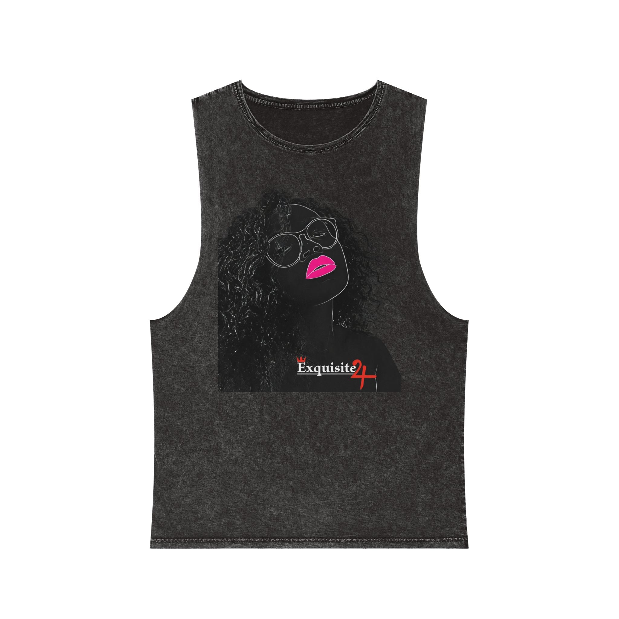 Stonewash Graphic Tank Top — Neon Lips & Red Gem Artwork