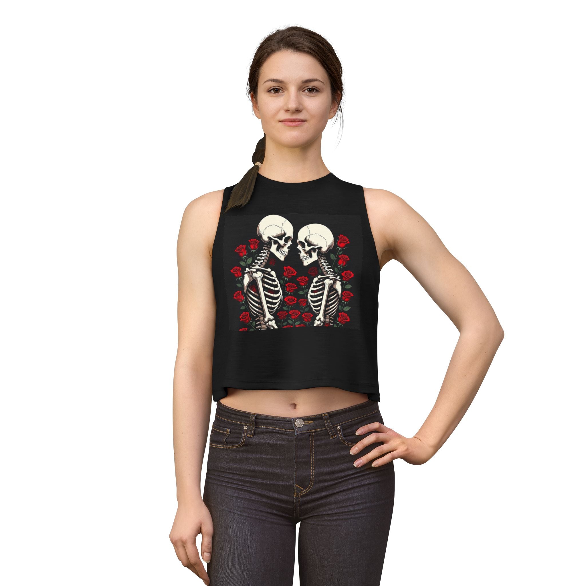 Skeleton Kiss Crop Top — Gothic Rose Couple Graphic Tank