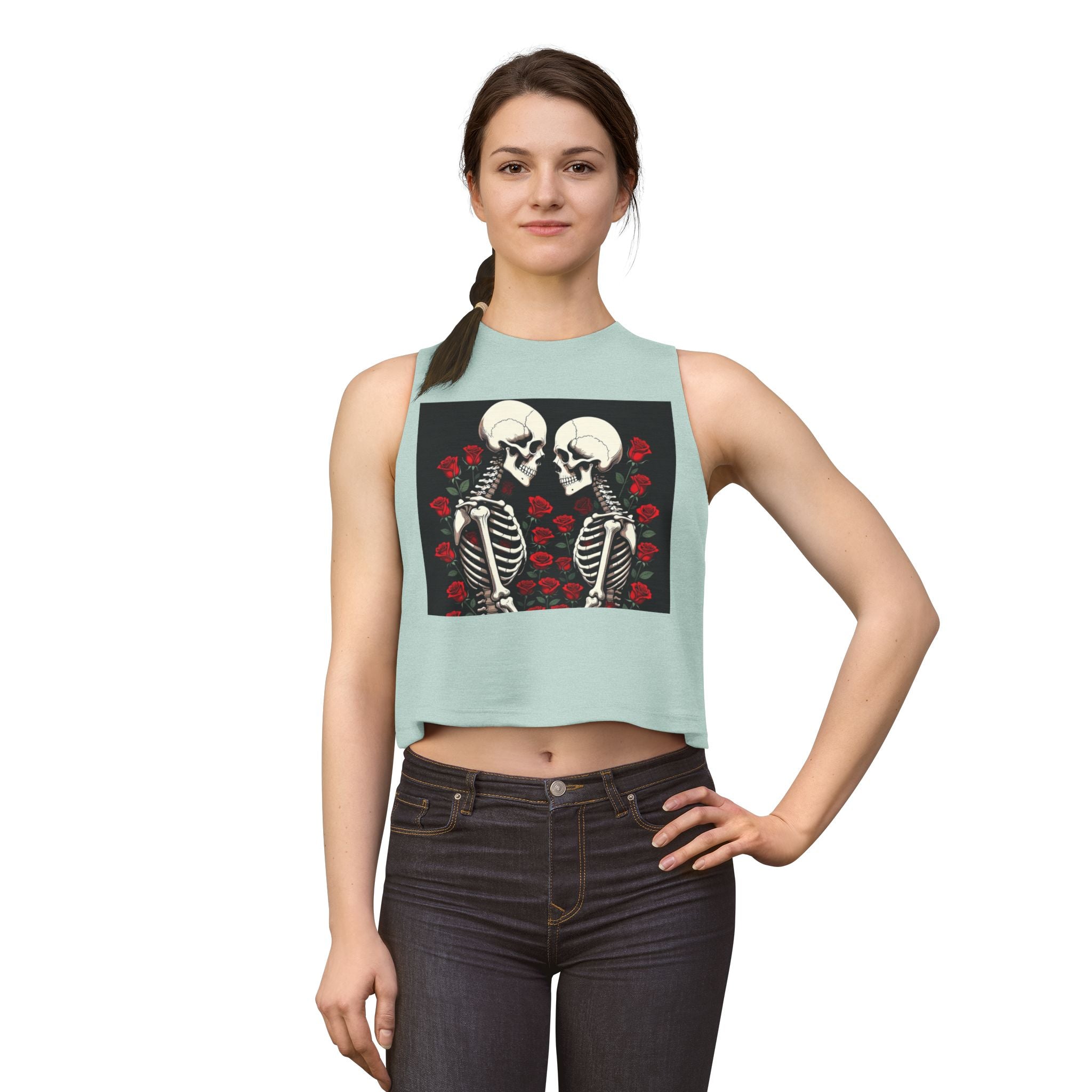 Skeleton Kiss Crop Top — Gothic Rose Couple Graphic Tank