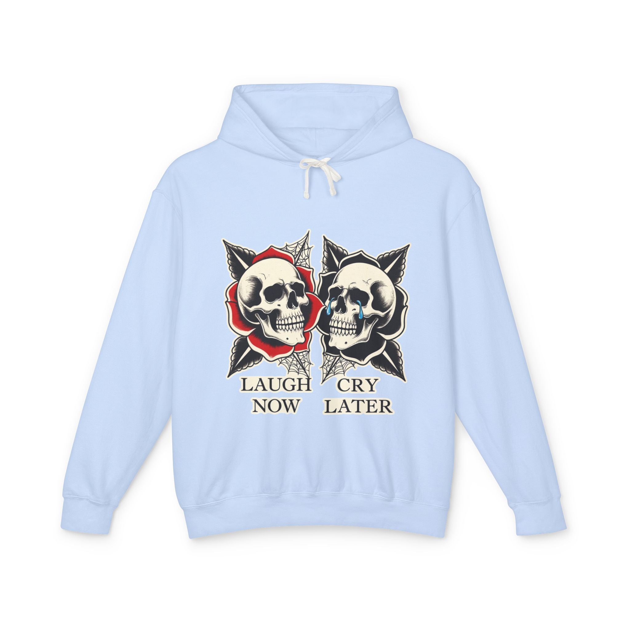 Laugh Now Cry Later Skull Hoodie — Vintage Expressive Skull Hooded Sweatshirt