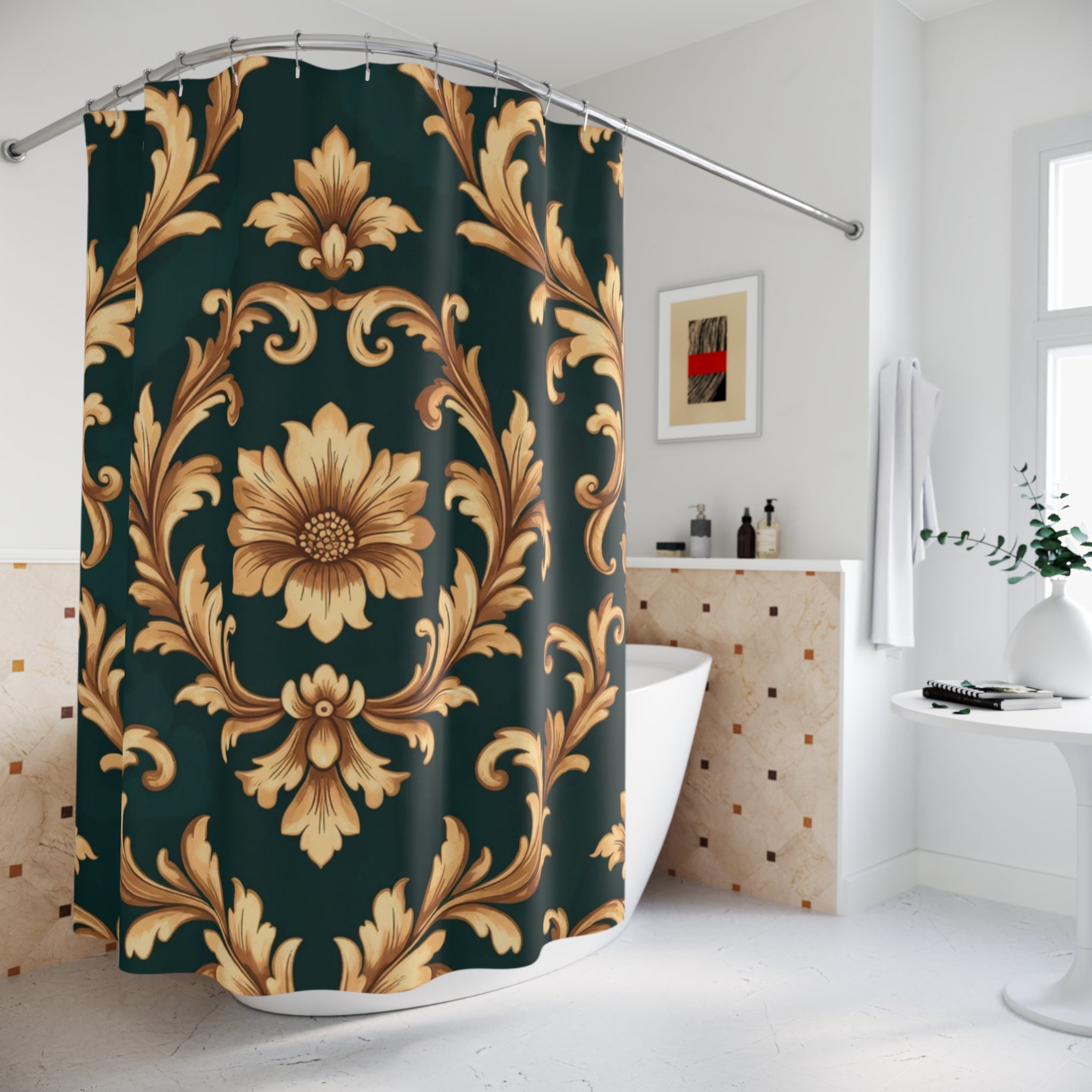 Baroque Floral Shower Curtain — Gold Damask