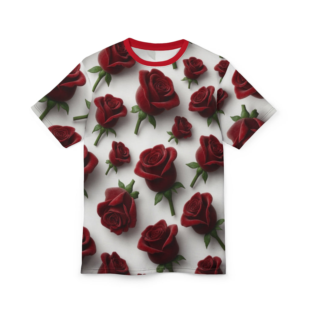 Red Rose All-Over Print Tee — Romantic Floral Pattern White T-Shirt